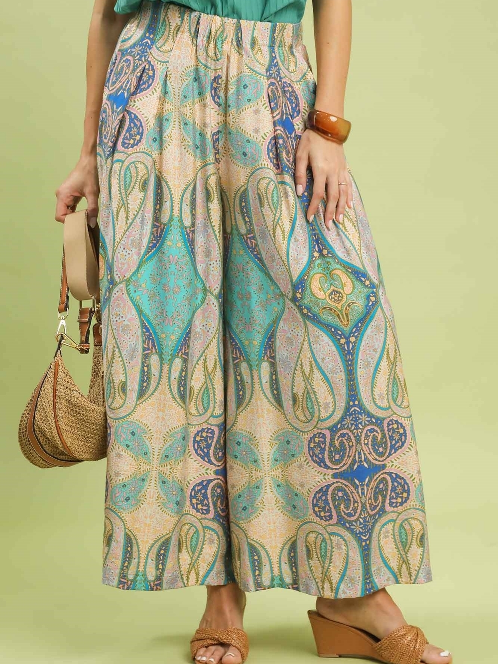 Umgee Teal & Beige Paisley Print Wide-Leg Palazzo Pants